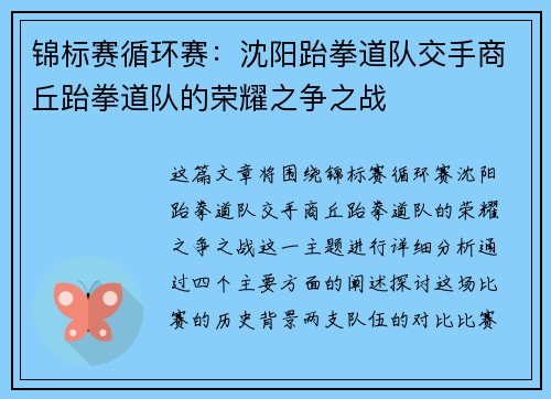 锦标赛循环赛：沈阳跆拳道队交手商丘跆拳道队的荣耀之争之战